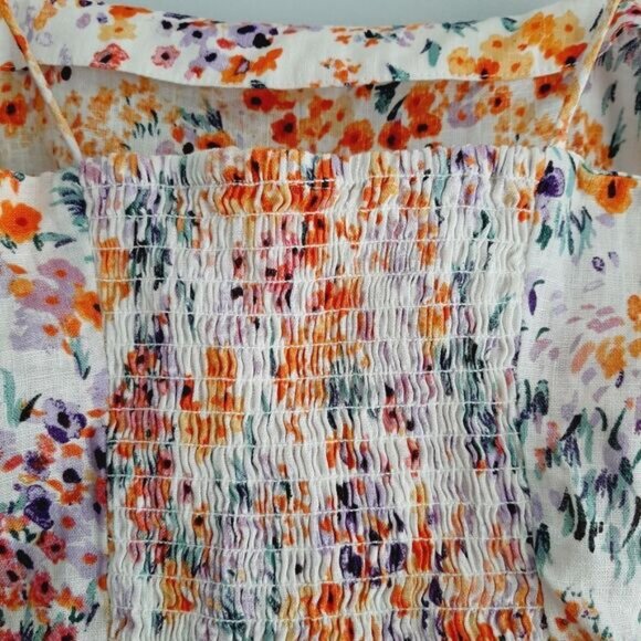 H&M 100% Linen Tie-Shoulder Floral Crop Fitted Camisole Top Smocked Back Sz XS - Picture 11 of 14